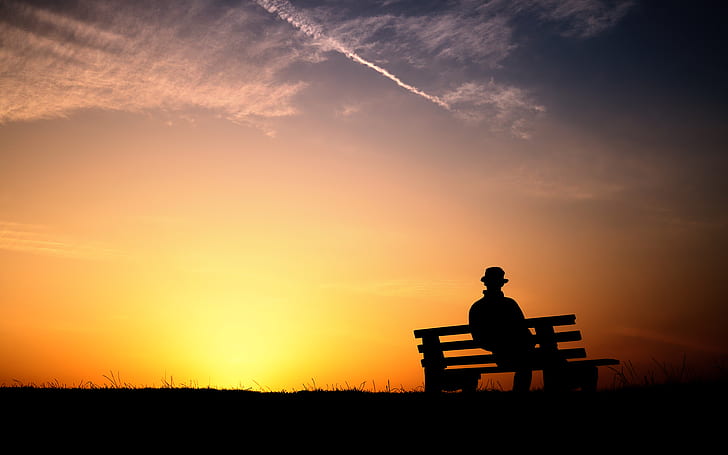 pleasant sunset hd silhouette of man sitting on bench wallpaper preview