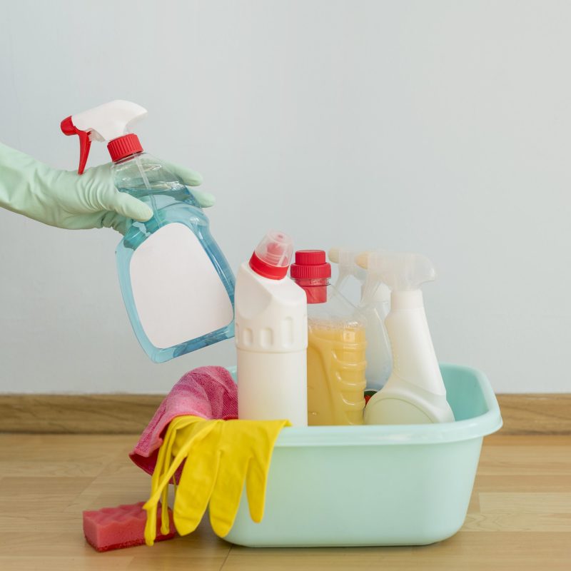 front view of cleaning supplies in bucket scaled e1695122669880