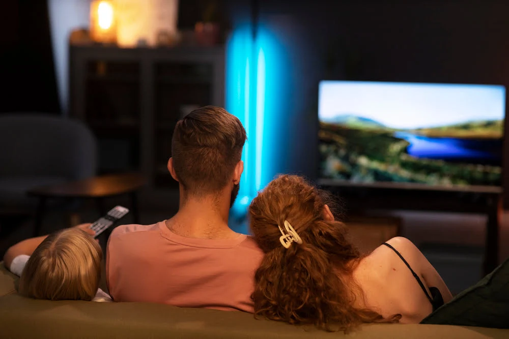 back view family watching tv